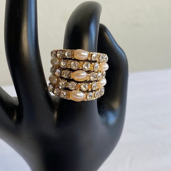 JUMBO Gold sz Various Pearl Rhinestone layered Ring - Picture 3 of 6